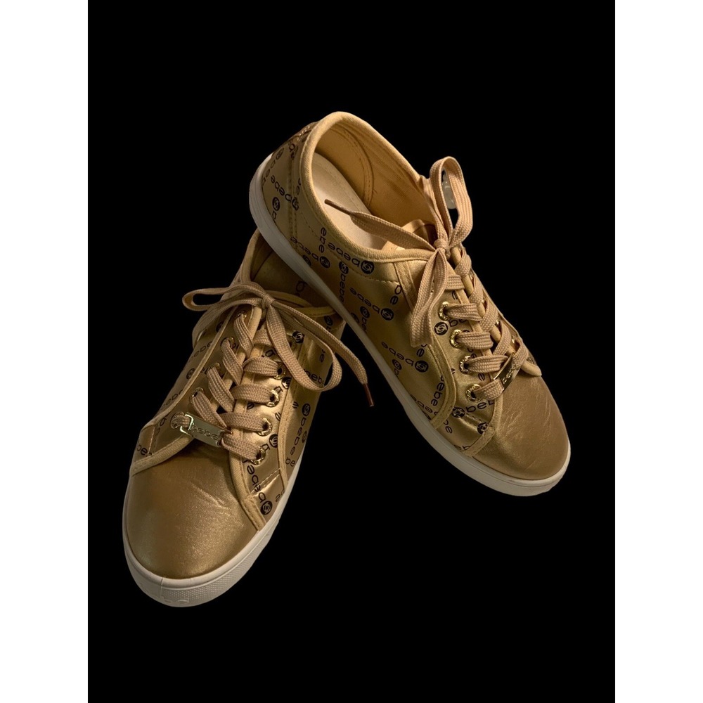 Bebe 'Denya" Ladies 9M Gold W/black Logo Lace Up Bebe Logo Print Sneakers